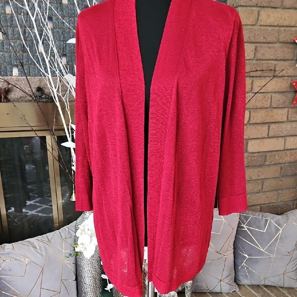 Red SparklyCardigan Sweater Open Front Knit